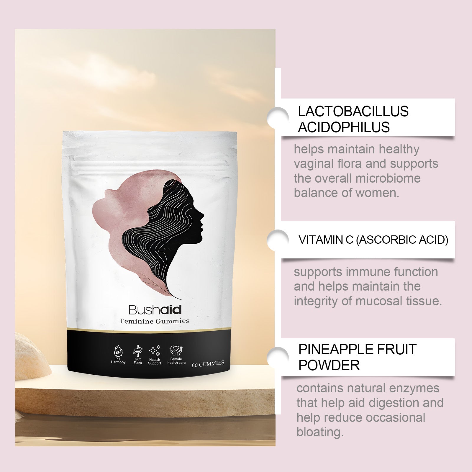 BushAid Feminine Gummies for Body Care, Support Vaginal Health, Immune Boost ,60gummies