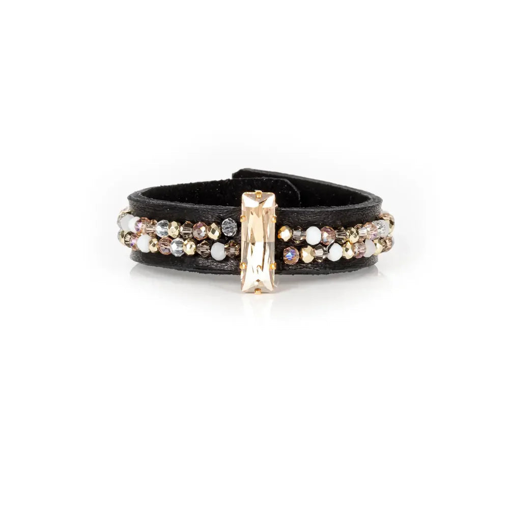 The Dark Black Leather Cuff with Champagne Crystal Bar and Vertical