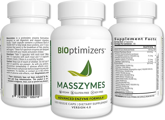 مجموعة BiOptimizers الكاملة لصحة الأمعاء - تخفيف الانتفاخ وتحقيق التوازن الهضمي - P3-OM، Gluten Guardian، MassZymes (270 كبسولة)