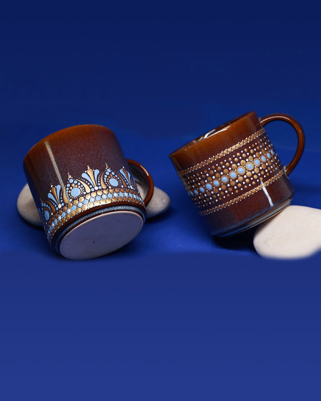Sahara Mandala Set of 2 Large Brown Mugs - Hand painted mandala