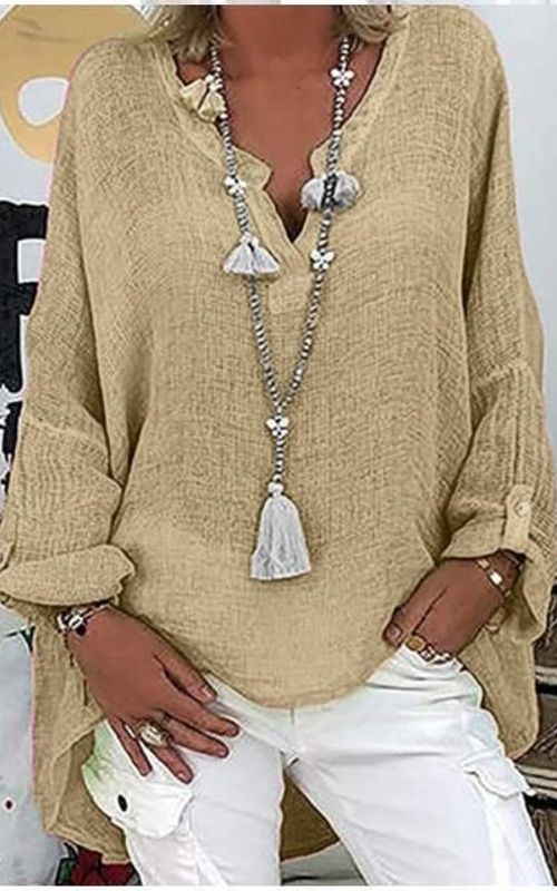 Women's V-Neck Solid Color Slub Linen Shirt Dress