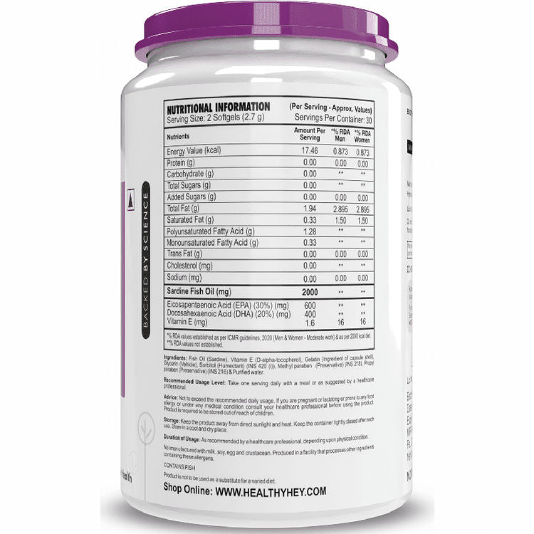 HealthyHey Fish Oil Omega 3 60 Softgel For Women and Men | Triple Strength Fish Oil | Burpless, EPA 600 - DHA 400 Supplement