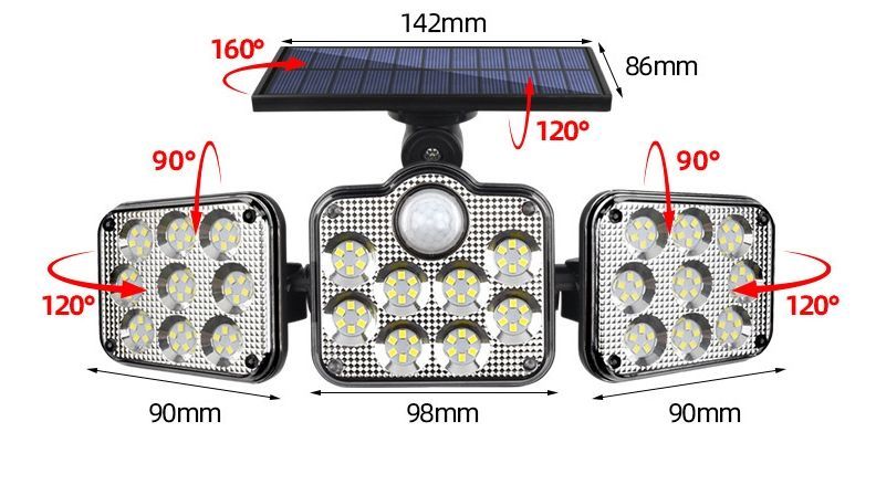 LED Solar Wall Lamp 3 Head Motion Sensor Light With Remote Control For Garden Garage