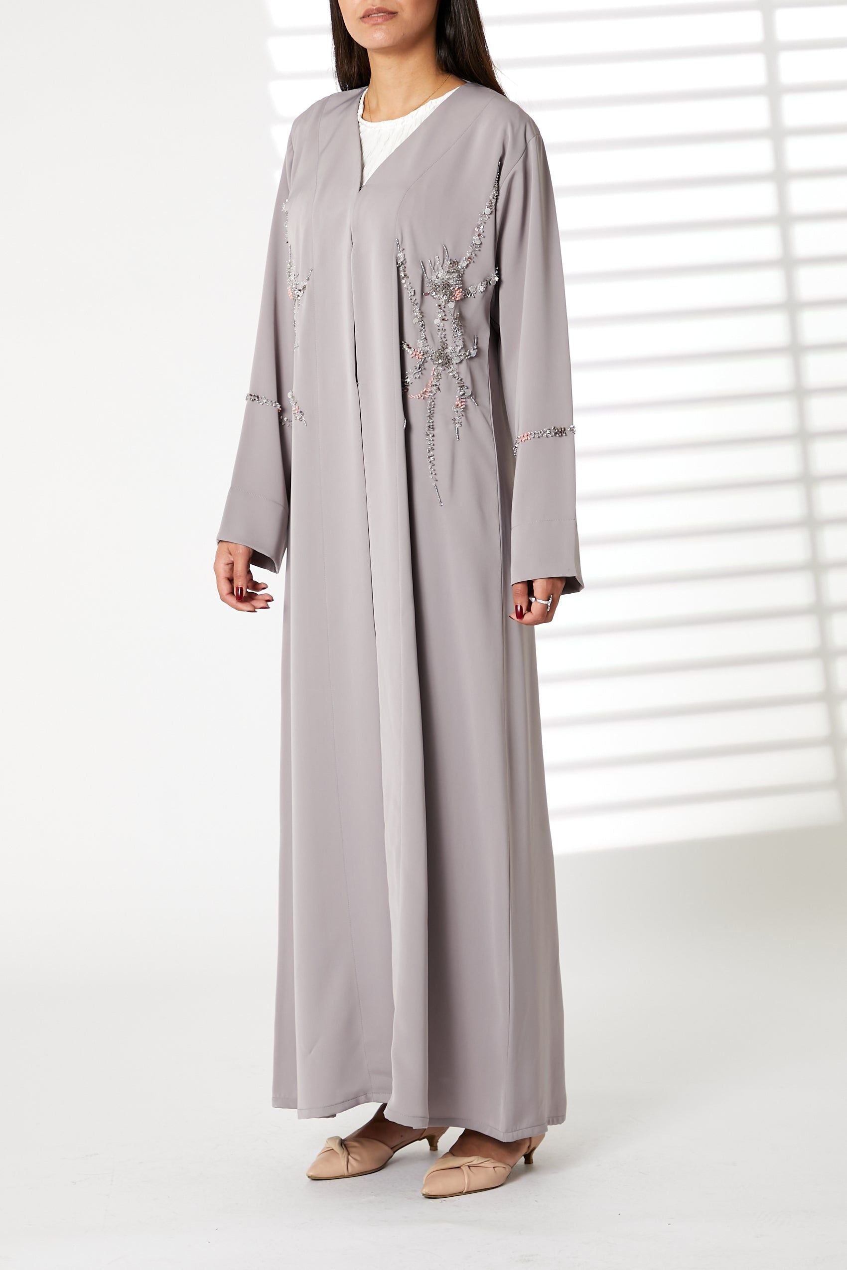 MOiSTREET Grey Nida Embroidered V-Neck Open Abaya