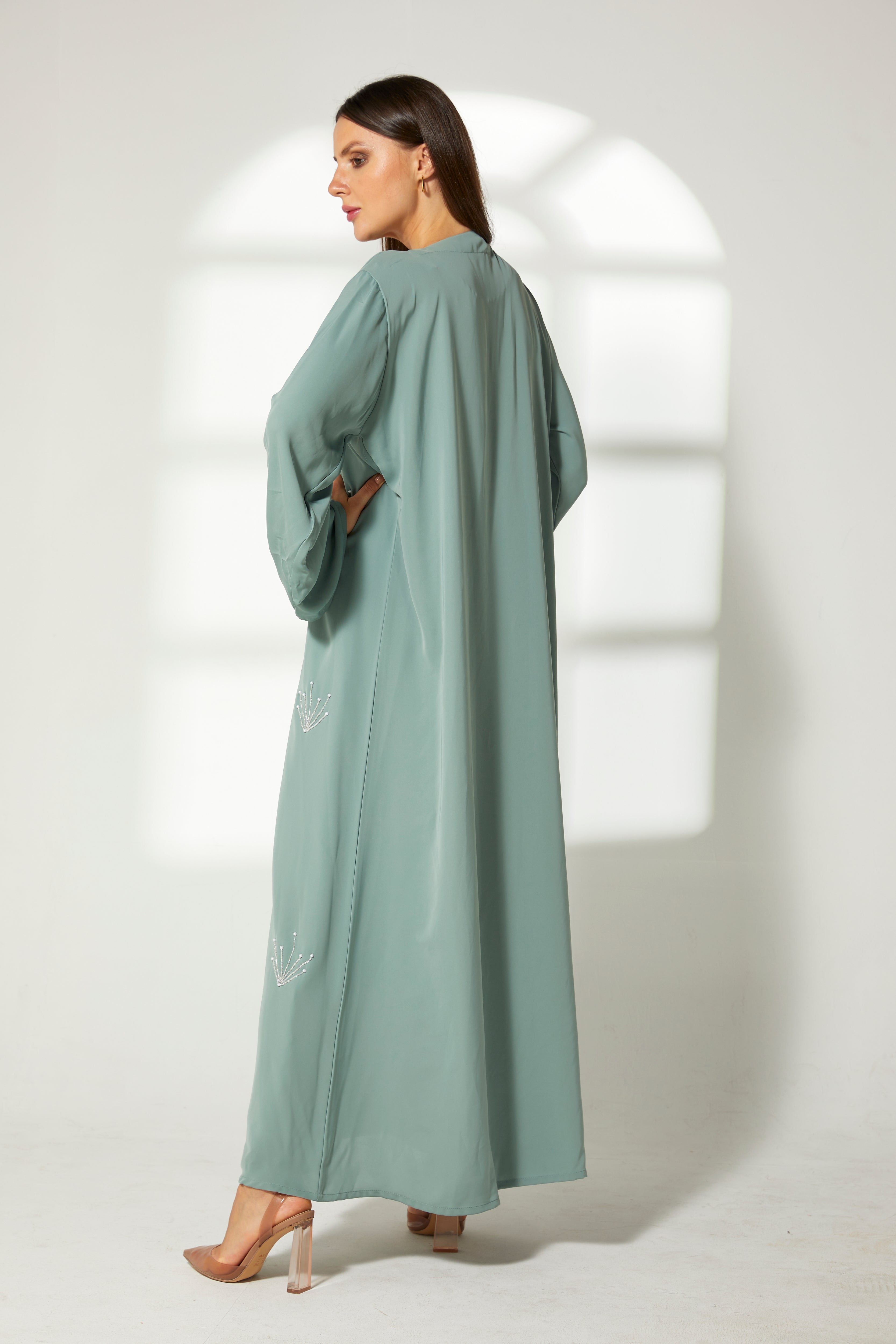 MOiSTREET Sea Green Korean Nida Embroidery Abaya