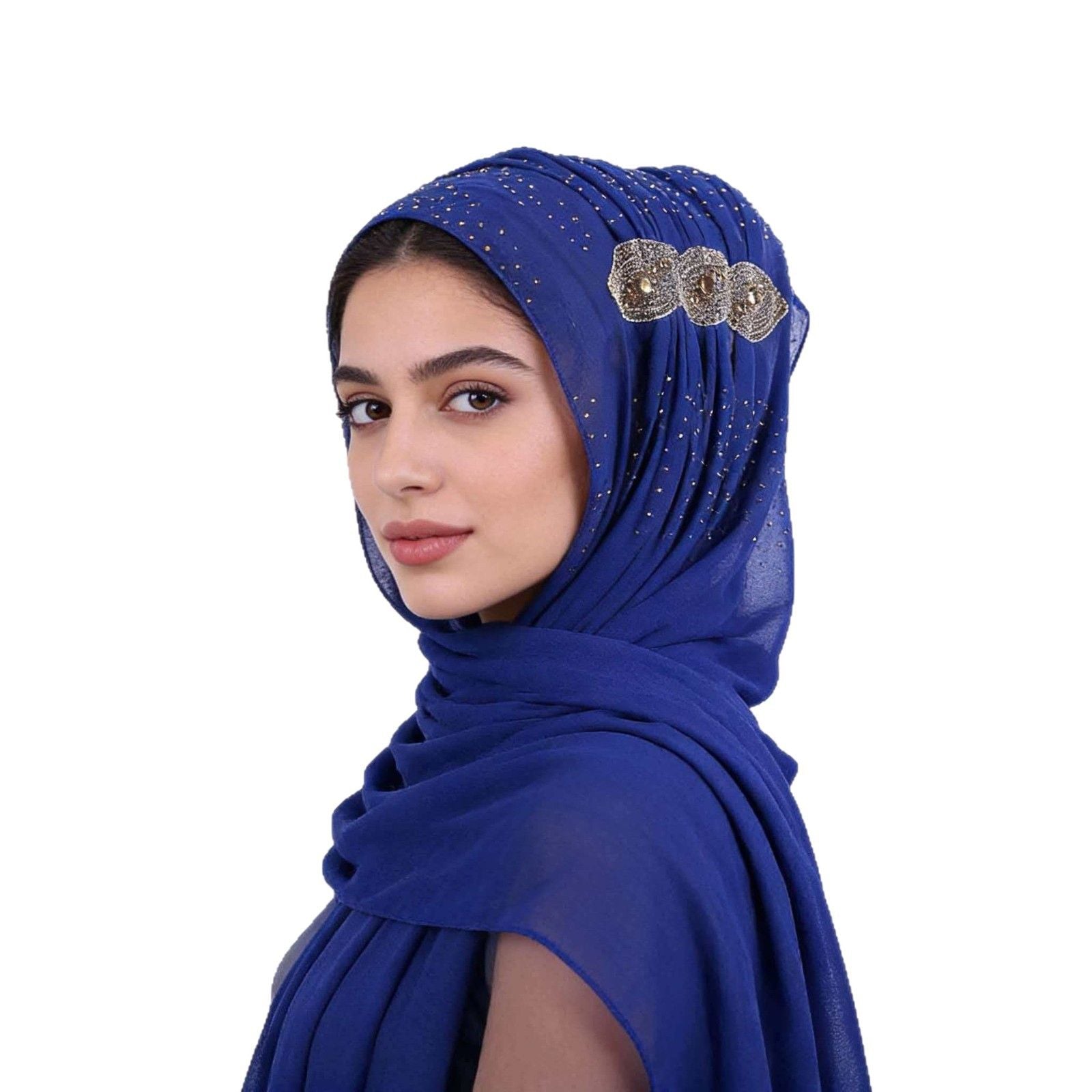 Khaki Chiffon Rhinestone Beaded Hijab Scarf for Women