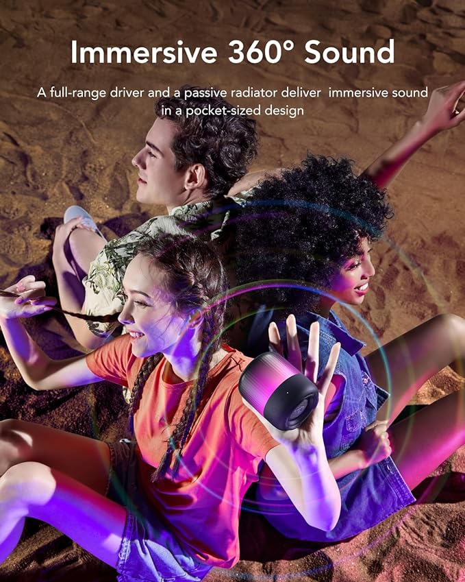 Anker Soundcore GlMini Portable Bluetooth Speaker, 360° Sound, LED Light Show, IP67, 12H Playtime, Black