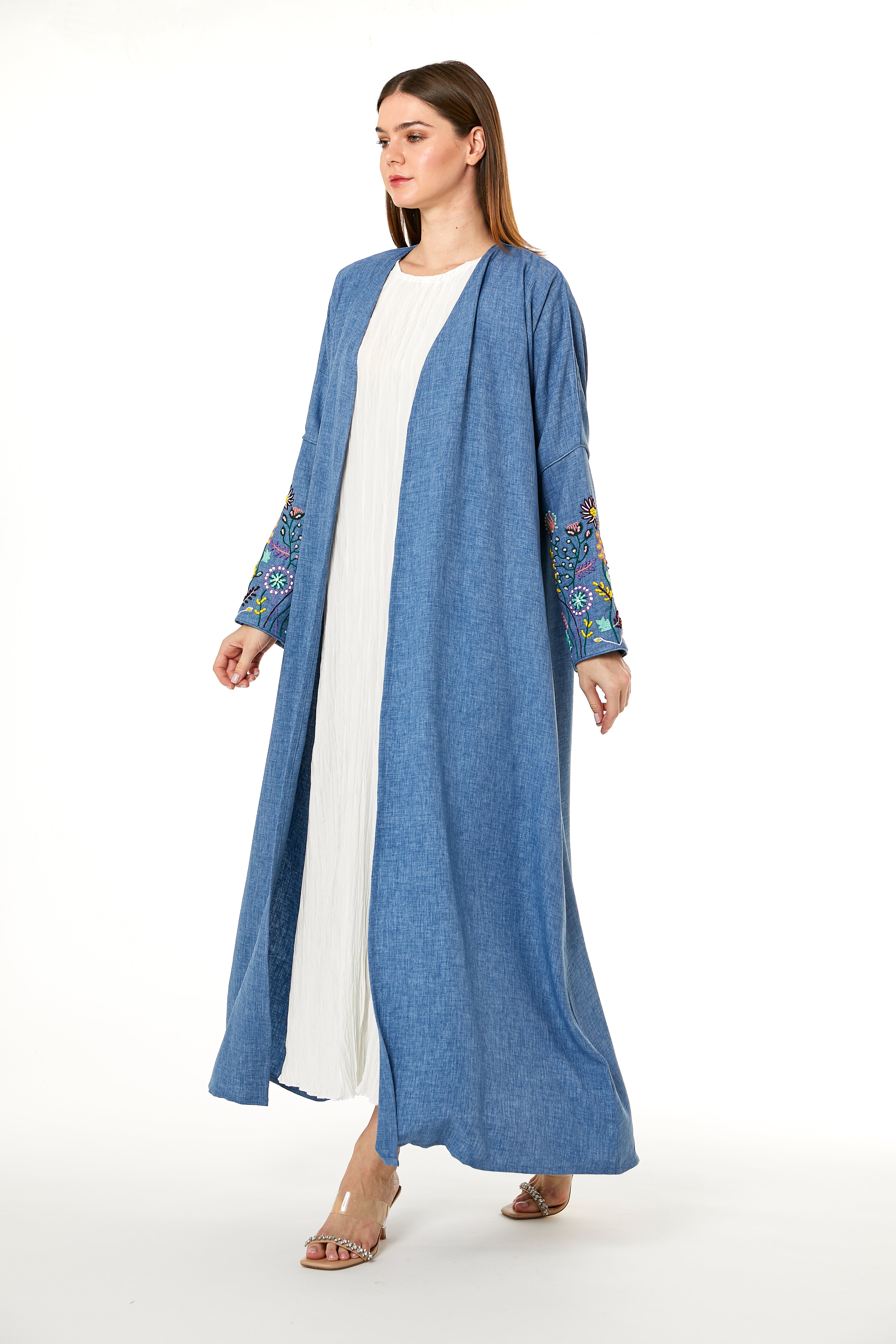 MOiSTREET Blue CEY Melange Embroidered Abaya Narrow Sleeves