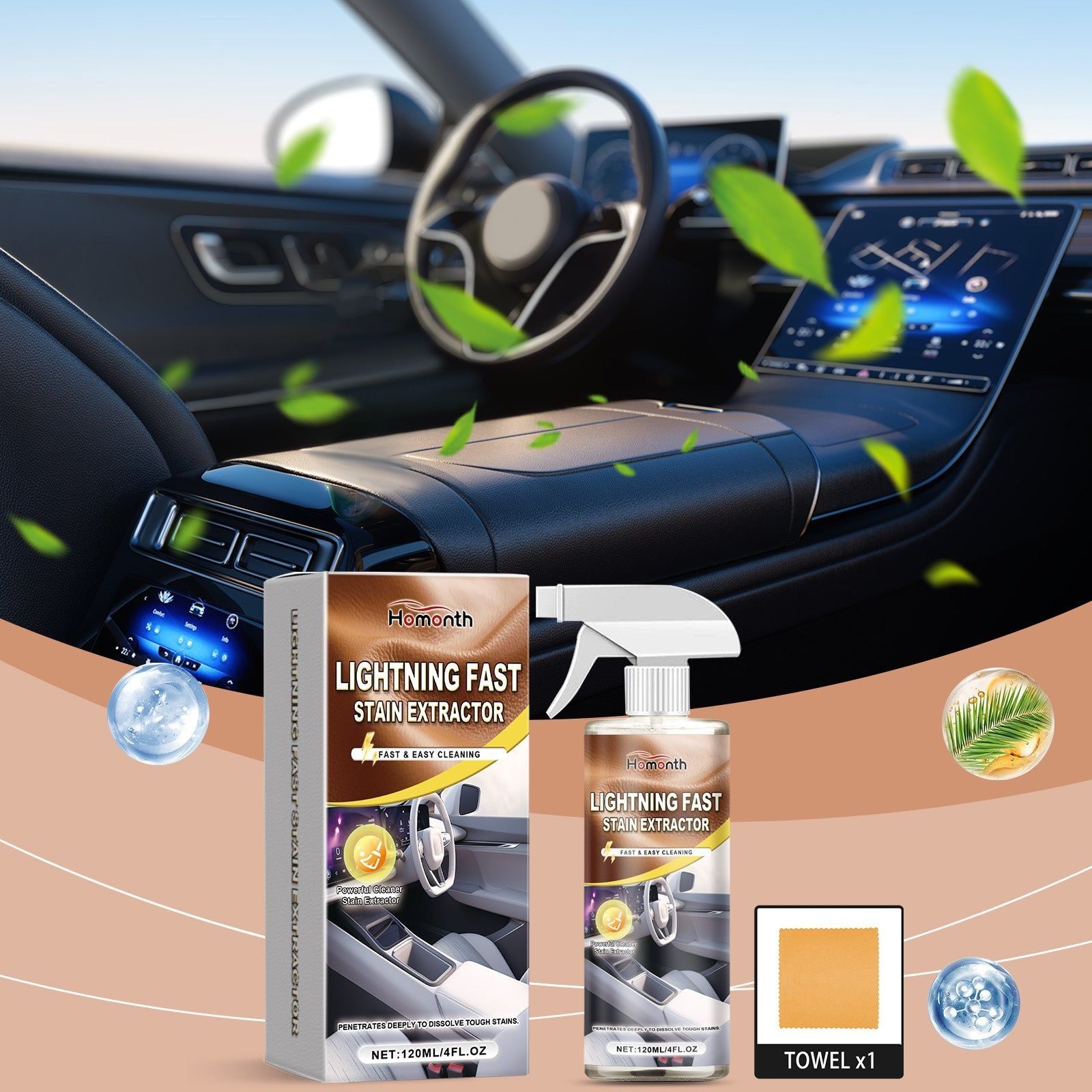 Car Interior Cleaner, Leather Fabric Plastic Stain Remover, Deep Clean, Eco-Friendly ,1set