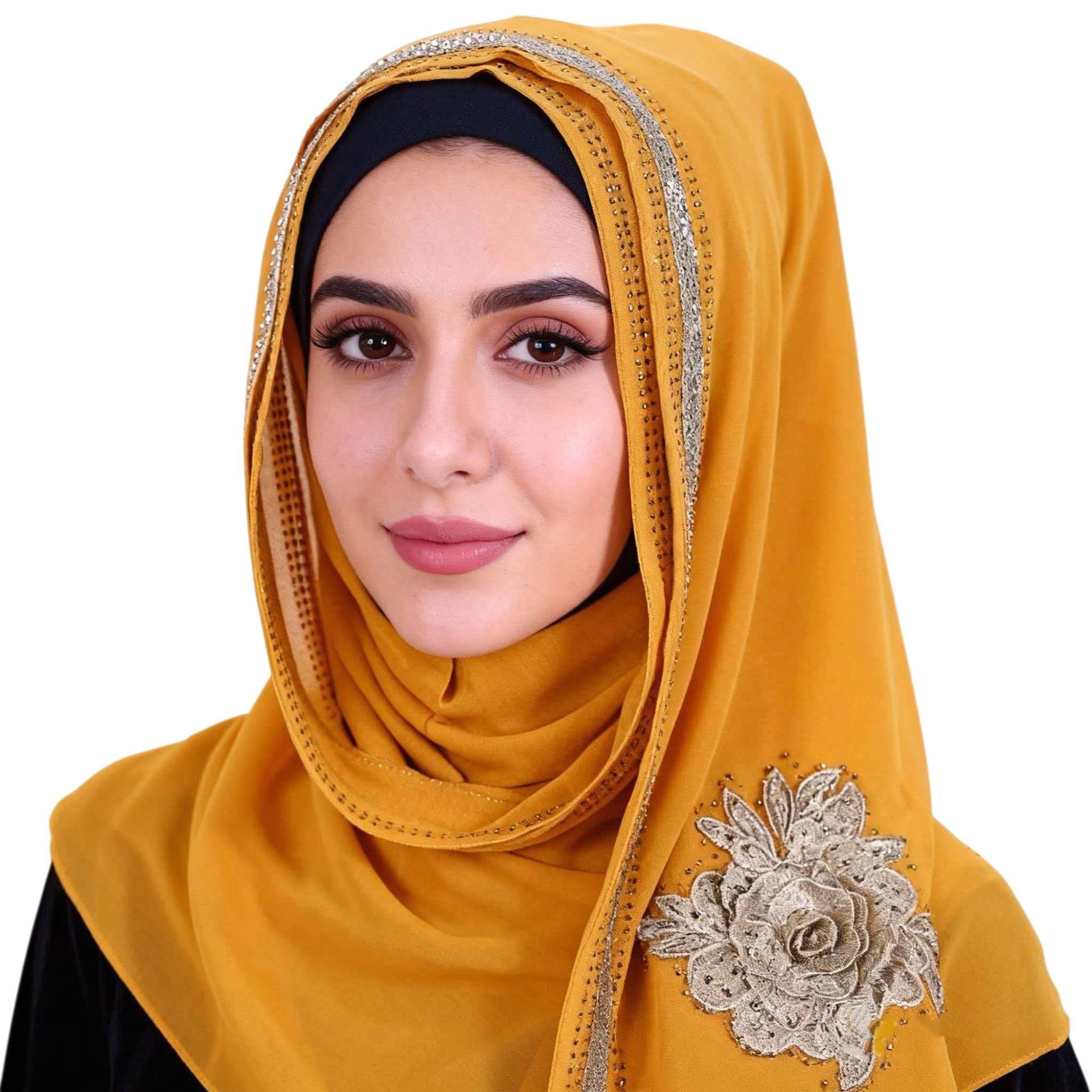 Mustard Yellow Floral Embroidered Hijab Scarf for Women