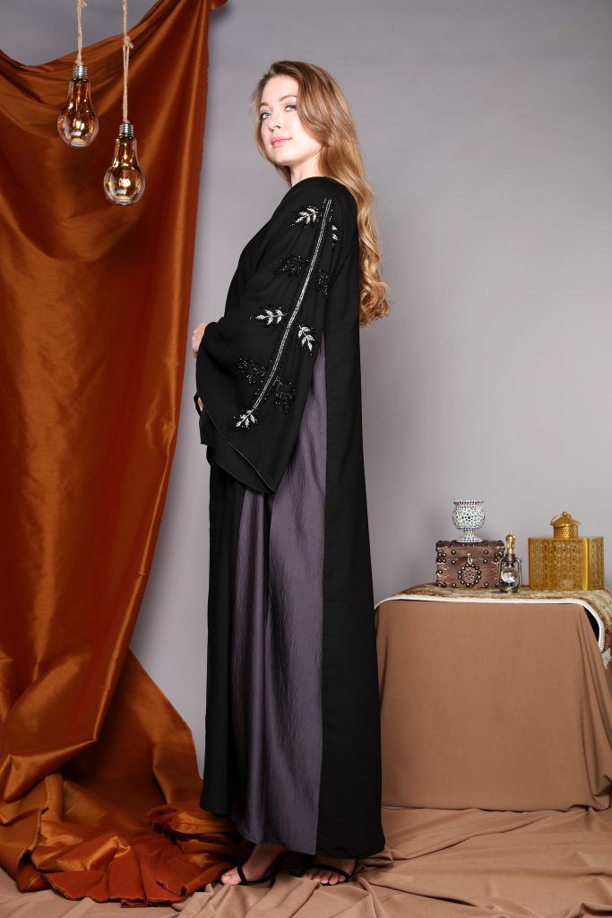MOiSTREET Black Abaya With Hand Embroidered Sleeves