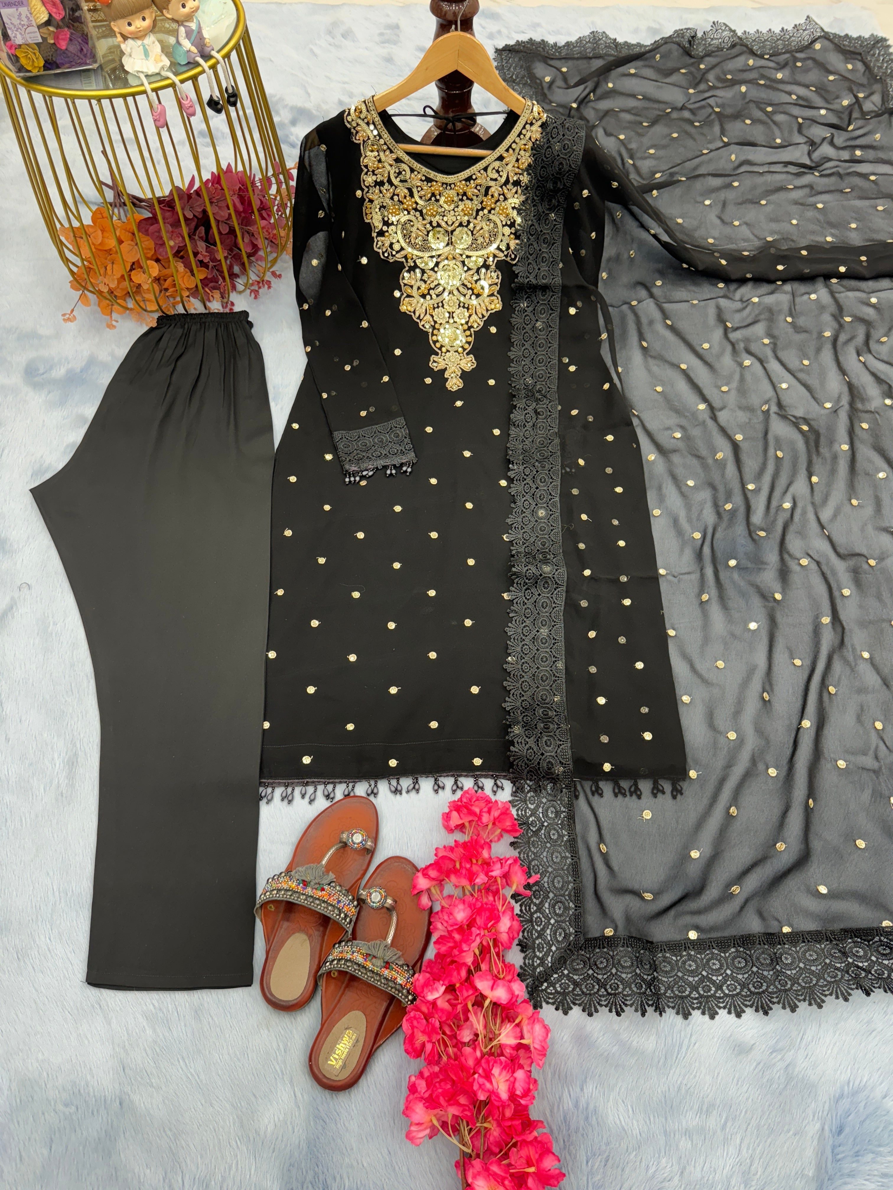 Designer Top Bottom & Dupatta With Pal Moti Hand Work