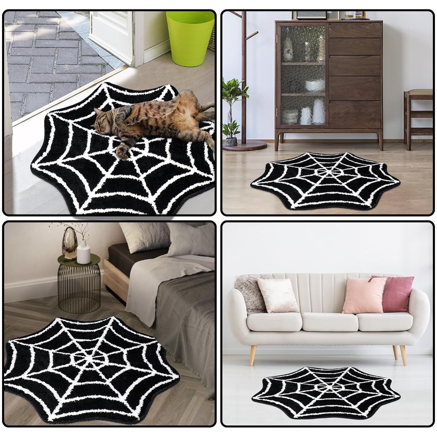 AIESY® Live Beautiful ! Spider Web Bath Mat, Black and White, Non-Slip Halloween Theme Bathroom Rug, Gothic Home Decor (28X28 inch)