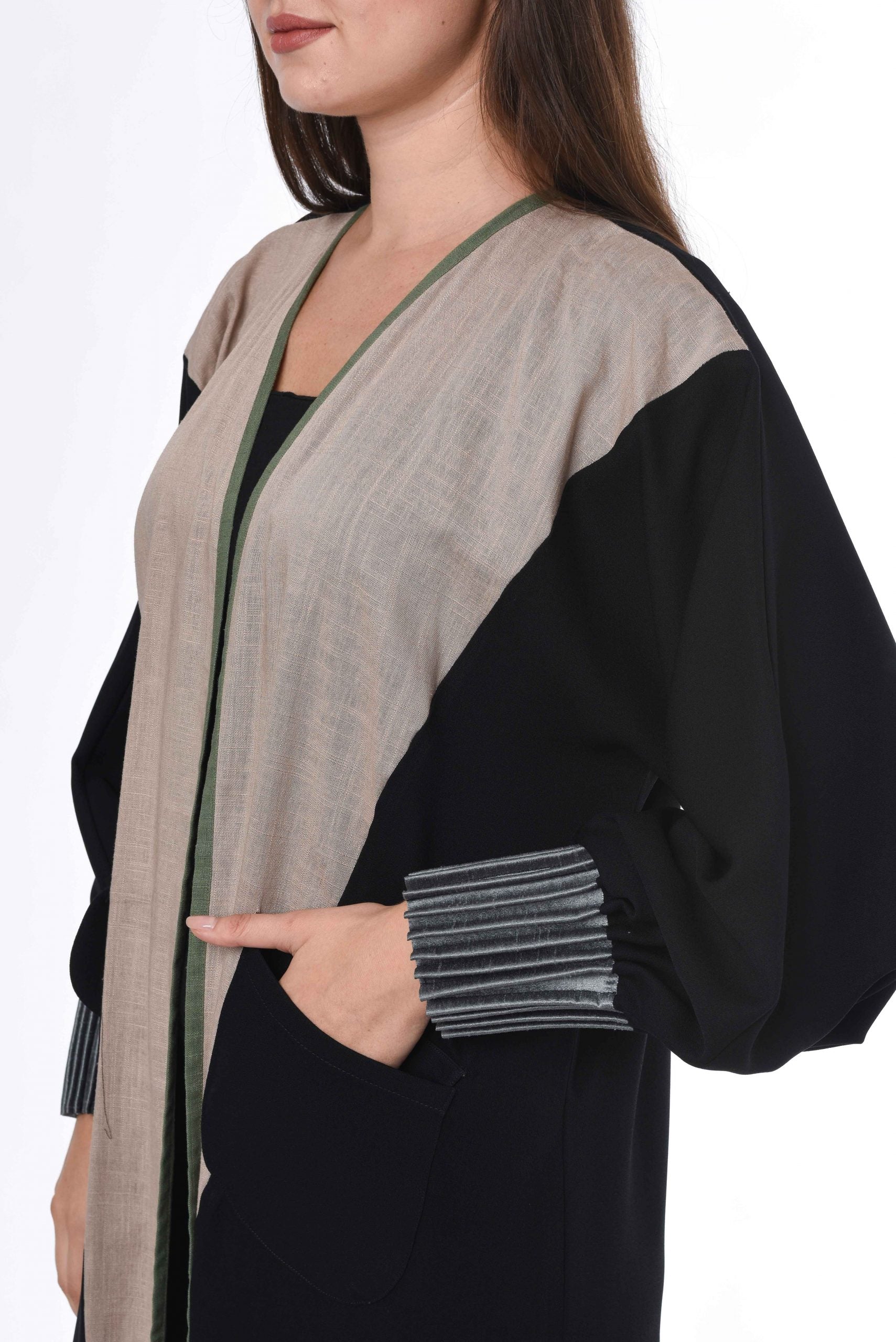 MOiSTREET Black Abaya with Contrast Panels and Pleated Sleeves