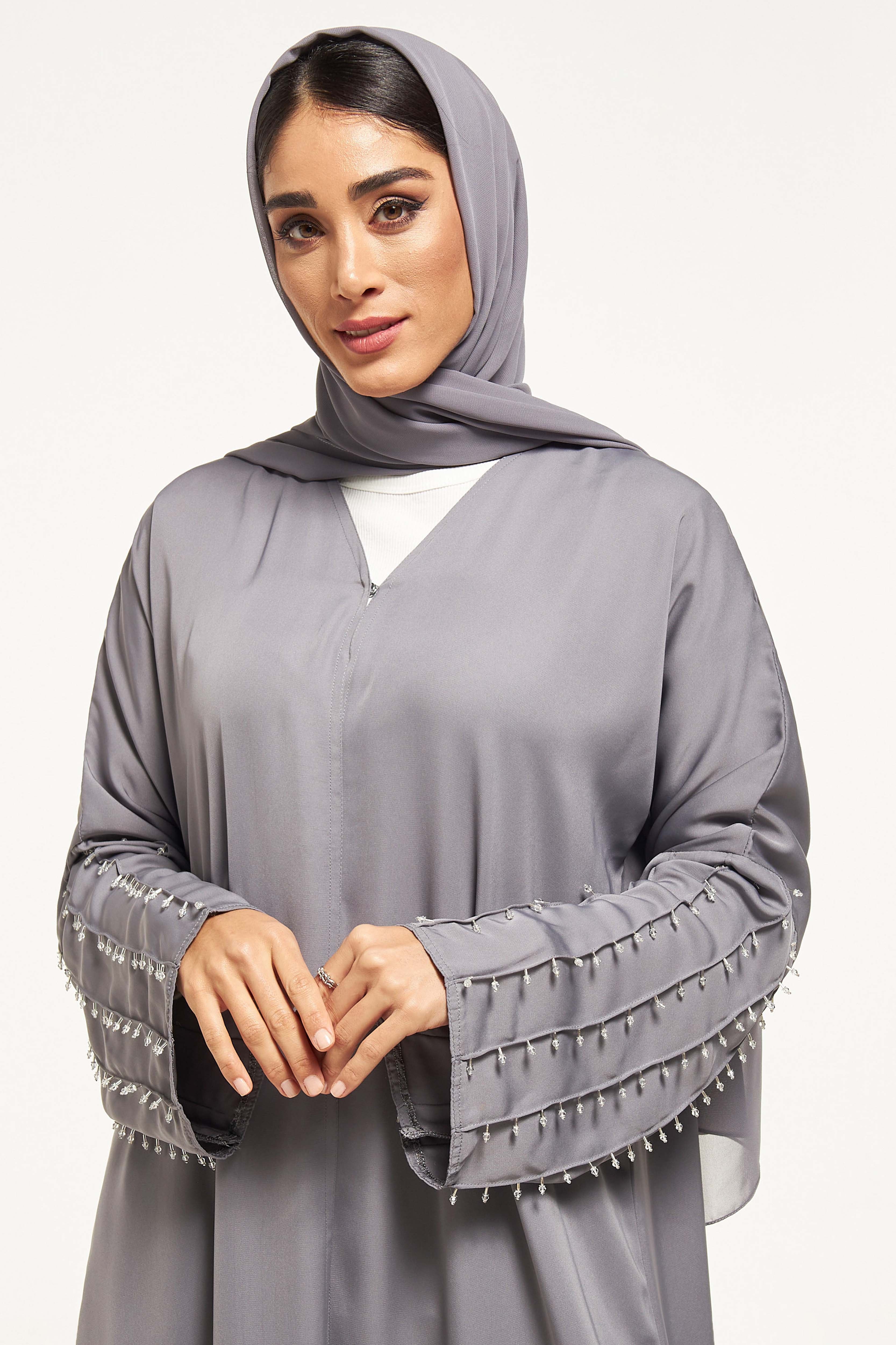MOiSTREET Embellished Abaya with Sheila and Pleat Detail