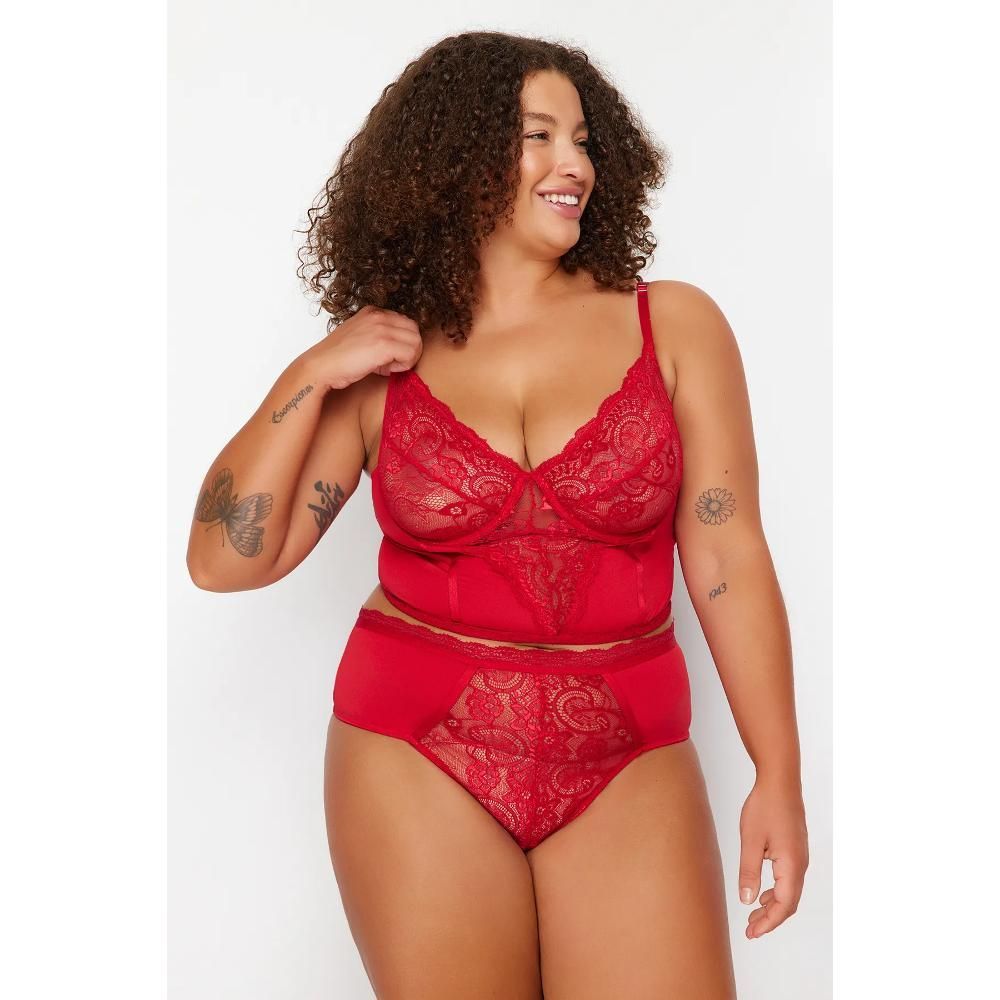 Large Size Red Lace Detailed Bustier-Panties Underwear Sets