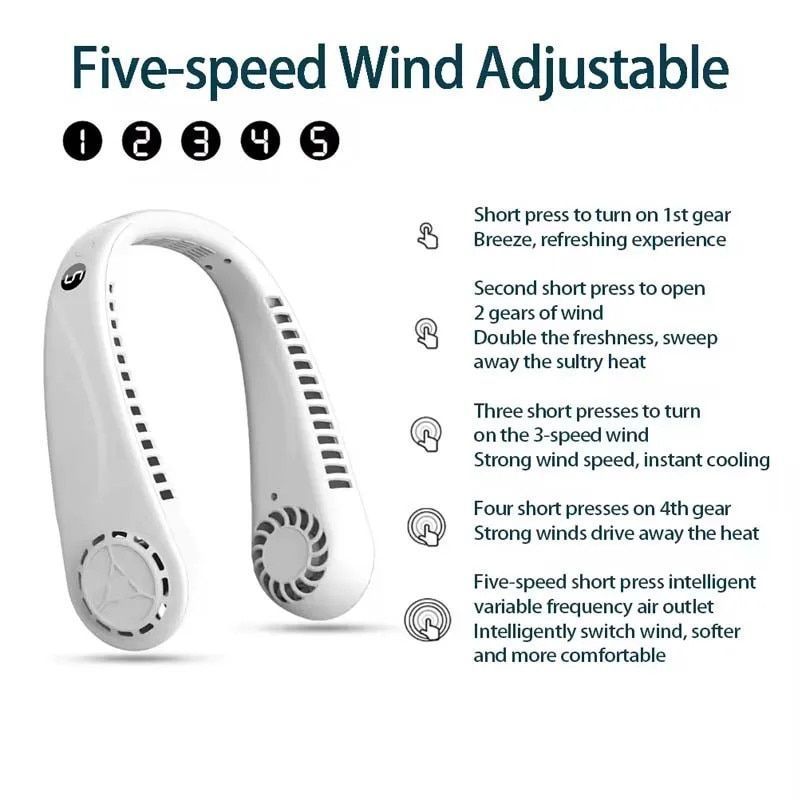 Portable Bladeless Hanging Neck Fans with Screen Display 5 Speeds Levels USB Rechargeable