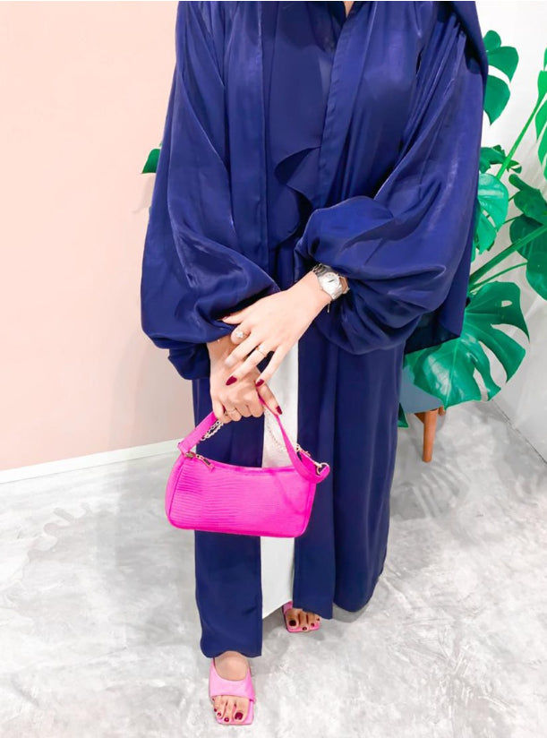 MOiSTREET Blue Shimmer Abaya with Bubble Sleeves- 3 Piece Set