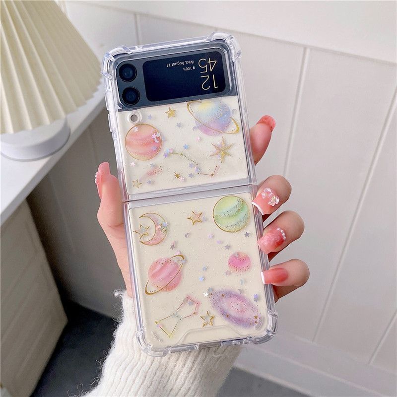 Phone Case For Samsung Zflip3 Fantasy Planets Pattern Folding Flap Protective Cover