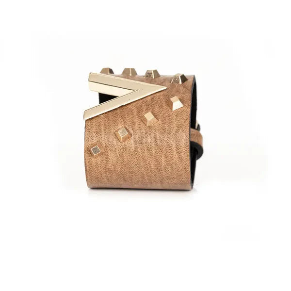 The Dark Bronze Leather Studded Cuff Bracelet with Gold Geometric V Accent Handmade Statement Bracelet