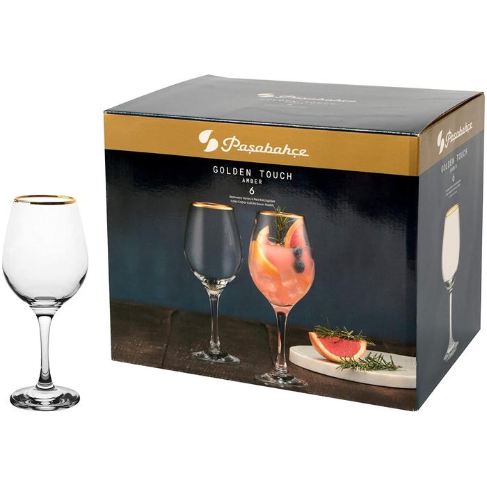 Pasabahce Amber Stemware Glasses with Gold Rim, Set of 6