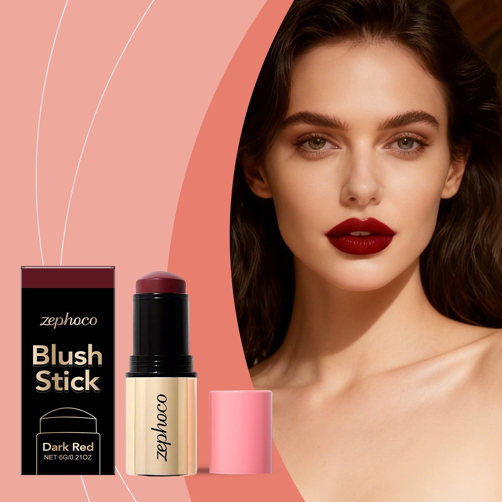 Dark Red Moisturizing Blush Stick, Long-Lasting Face Makeup, Easy to Apply ,6g