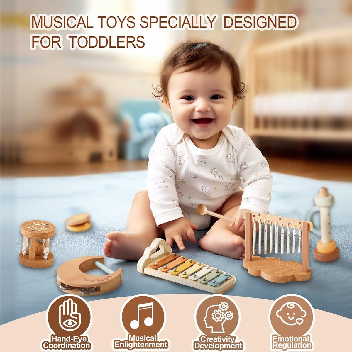 Montessori Musical Instruments Wooden Percussion Xylophone Sensory Toys Birthday Gift for Babies