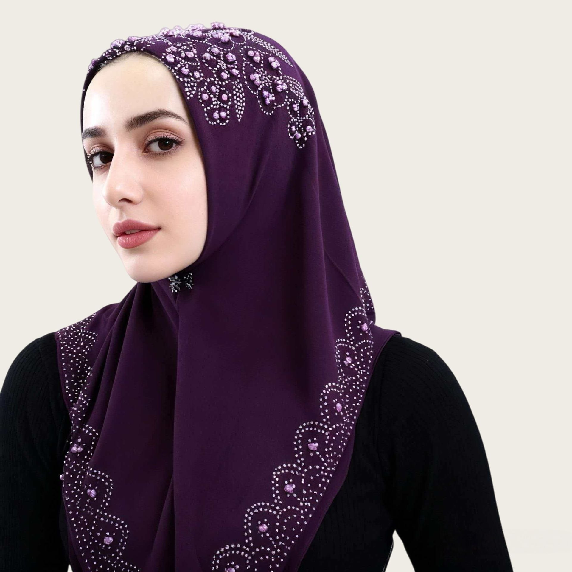 White Rhinestone Pearl Chiffon Hijab Scarf Square Head Wrap