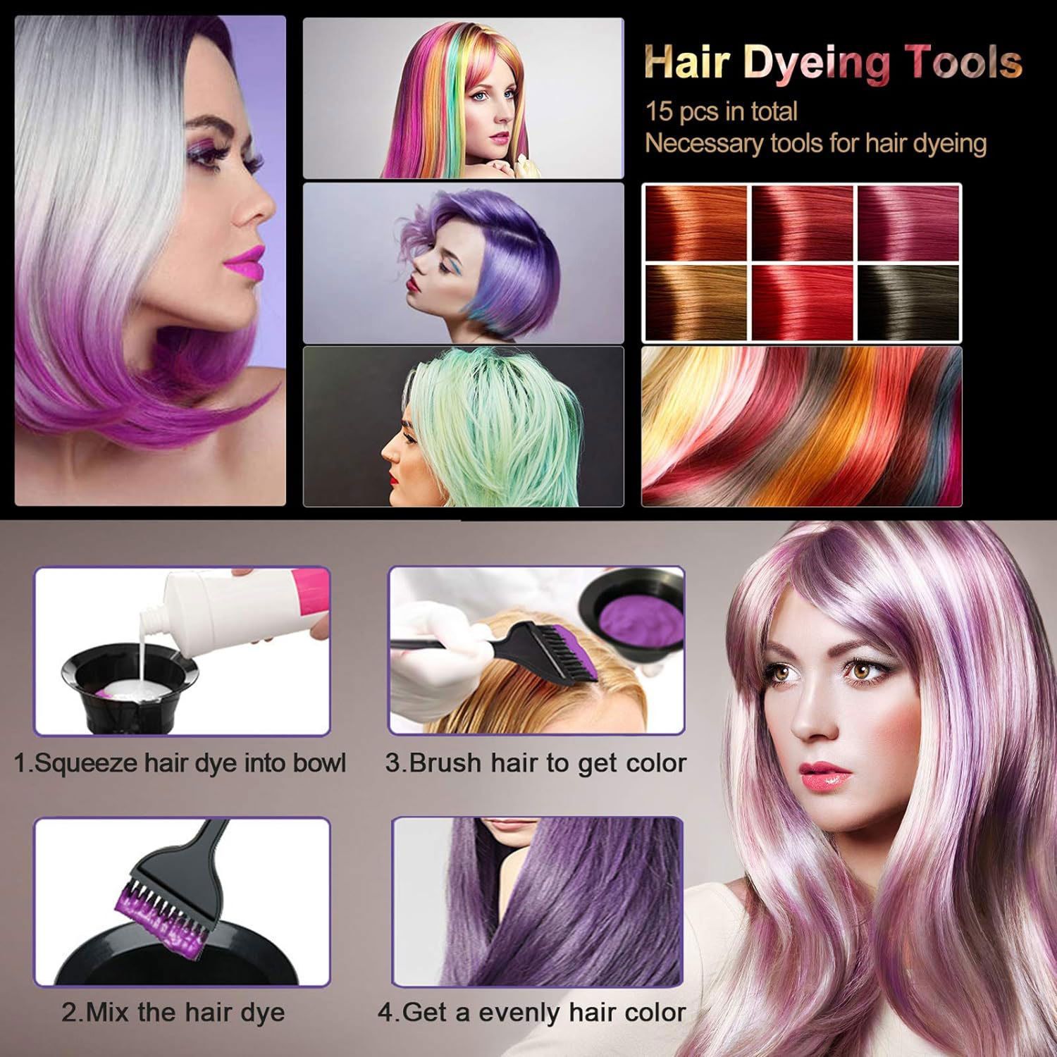 14Pcs Professional Hair Dye Kit with Bowl, Brush & Clips