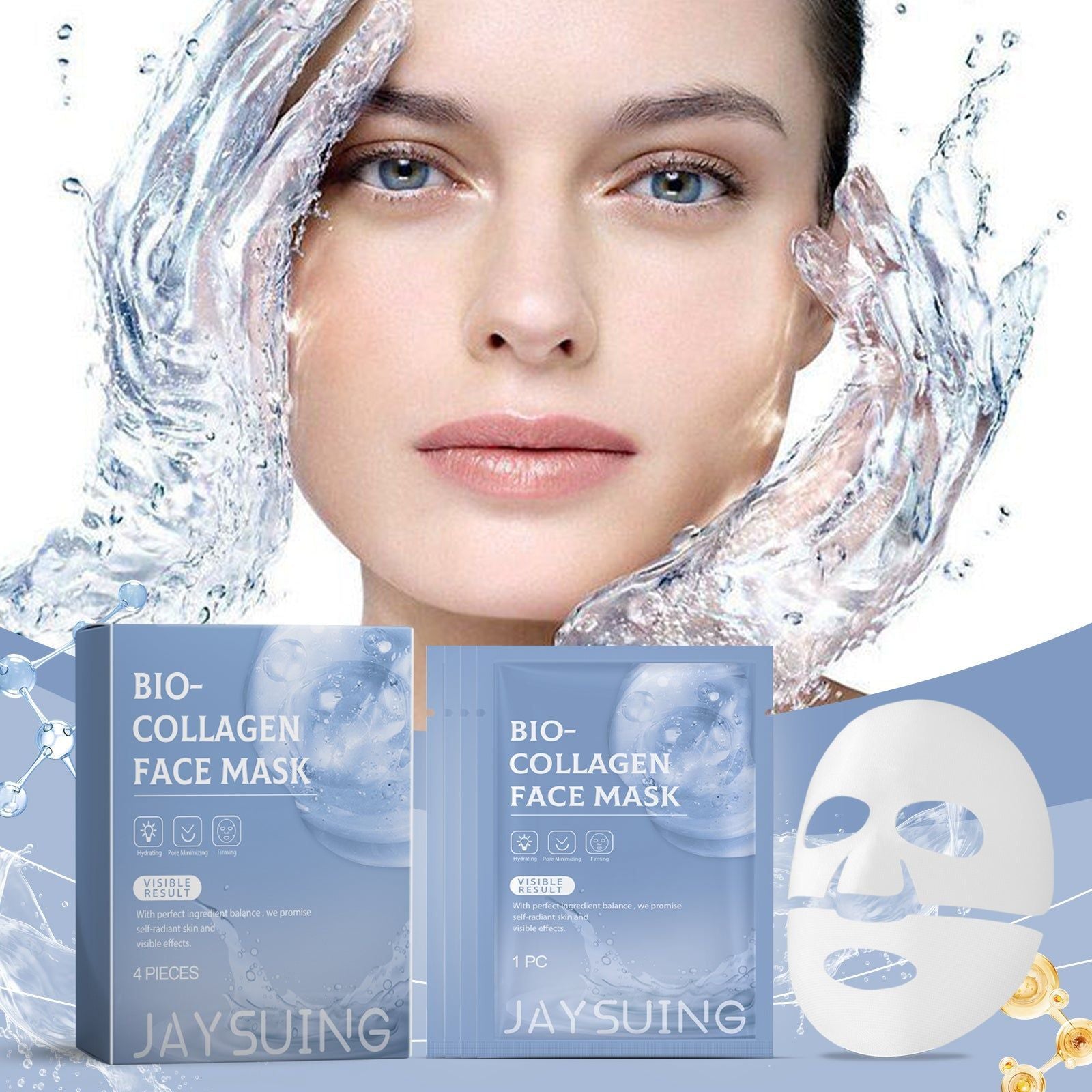 Collagen Facial Mask Replenish Water, Hydrate, Brighten, Tighten Skin ,4 pieces