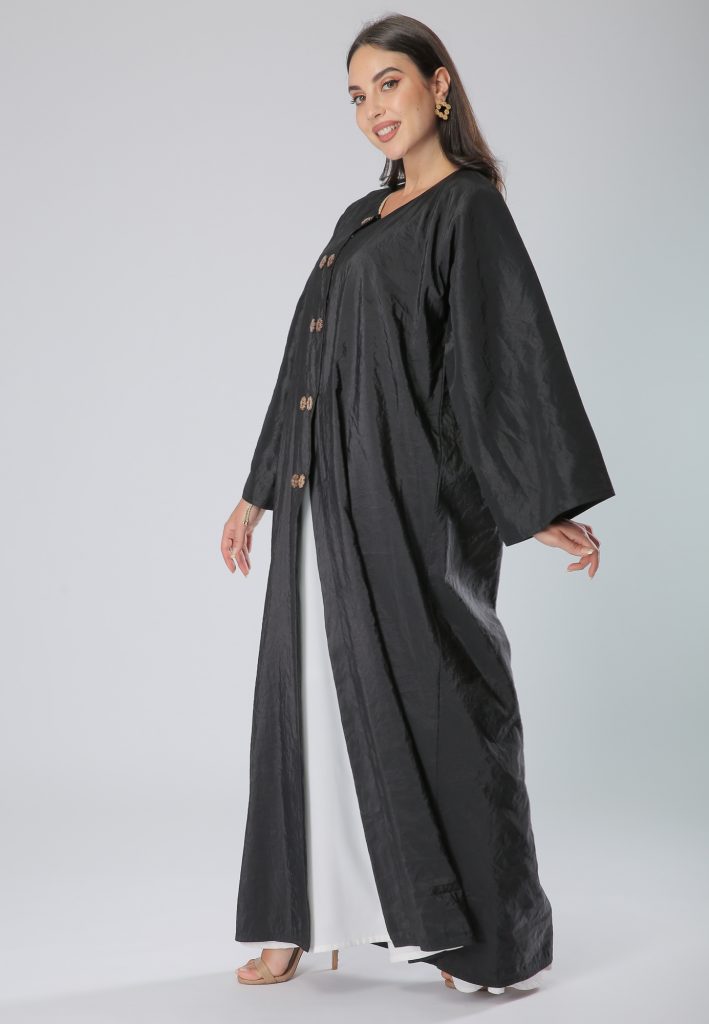 MOiSTREET Crepe Black Floral Buttoned Front Abaya