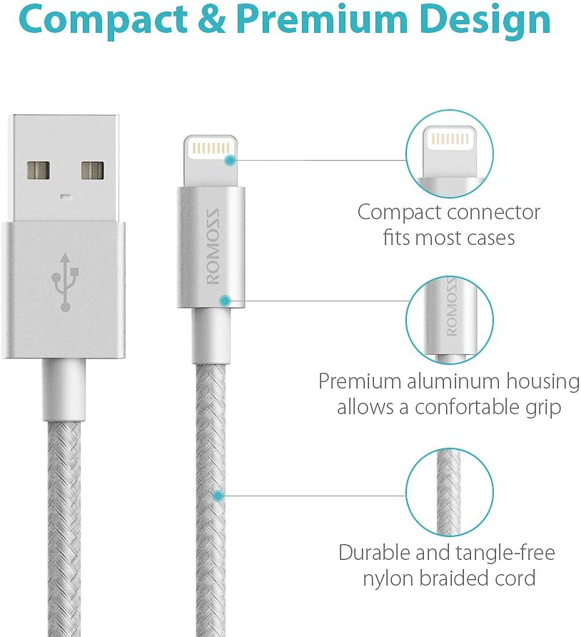 ROMOSS Apple MFi Certified Lightning Cable, ROMOSS 3.28 Feet (1M) Nylon Braided Lightning to USB Sync and Charging Cable for iPhone 7/7 Plus, 6s/6s Plus, 6/6 Plus, iPad Pro/Air 2, iPad Mini 4/3/2 - 1M GRAY
