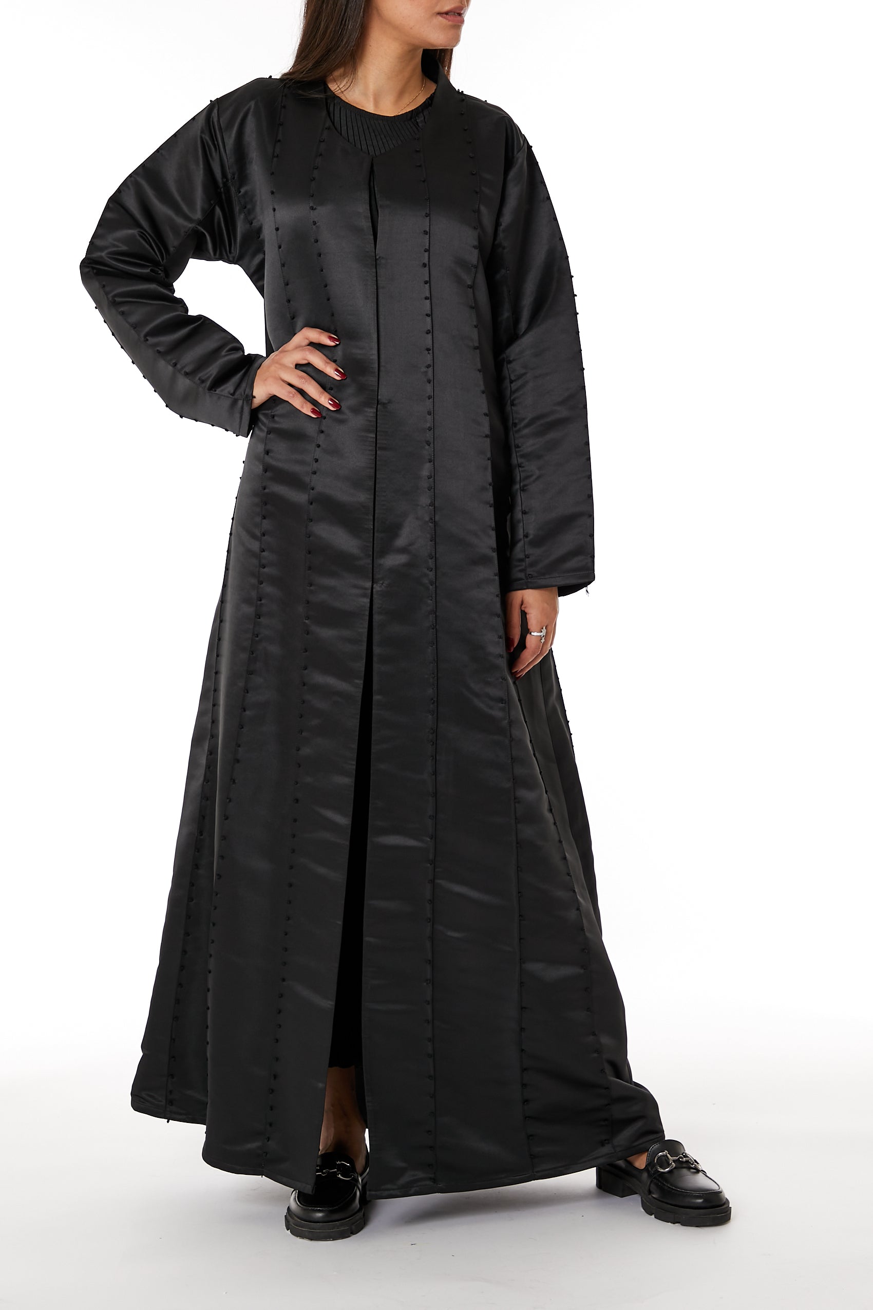 MOiSTREET Black Bridal Satin Abaya with Black Thread Work
