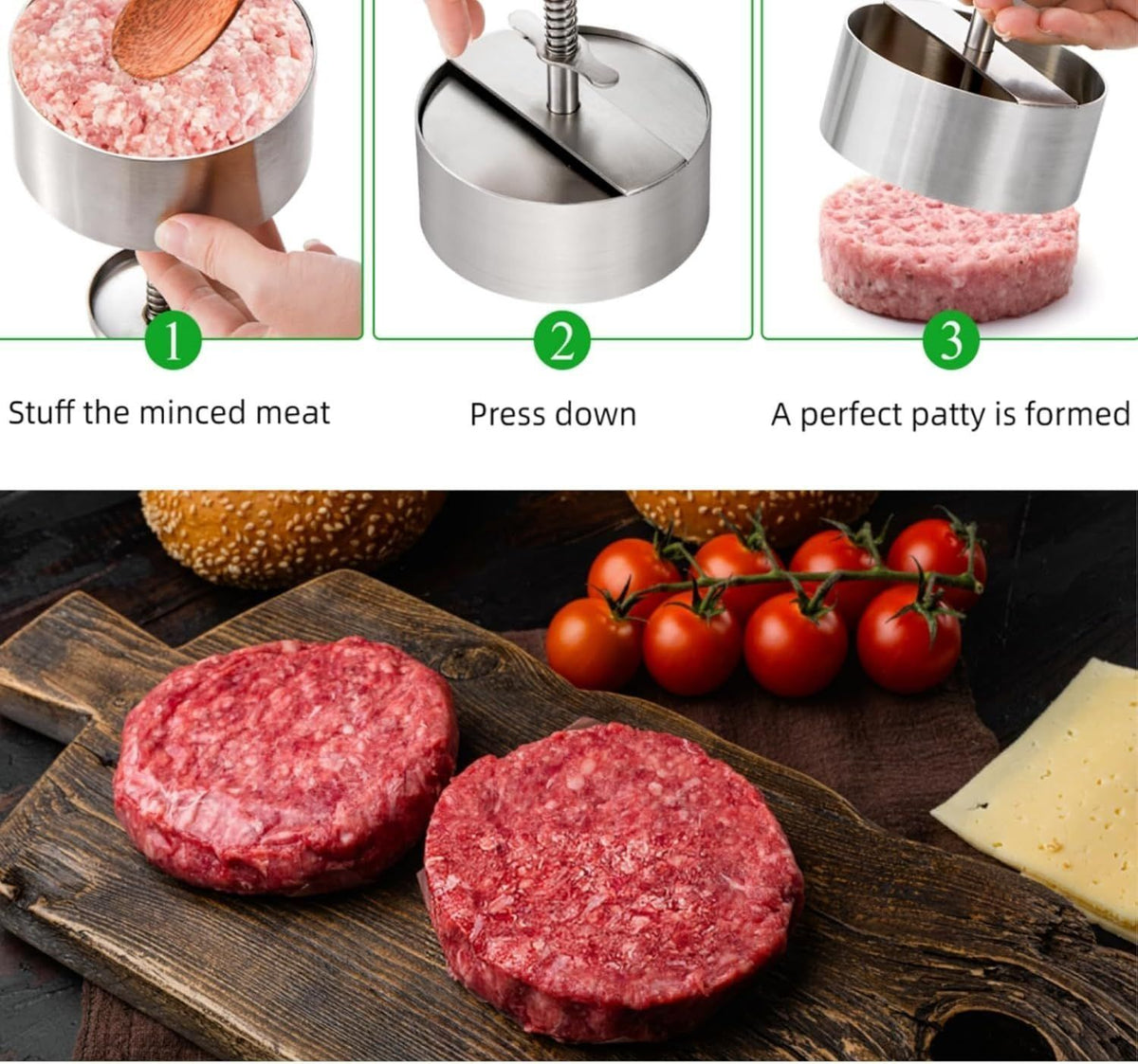Adjustable Burger Press Non Stick Patty Maker Mold Stainless Steel Meat Press for Hamburger Beef