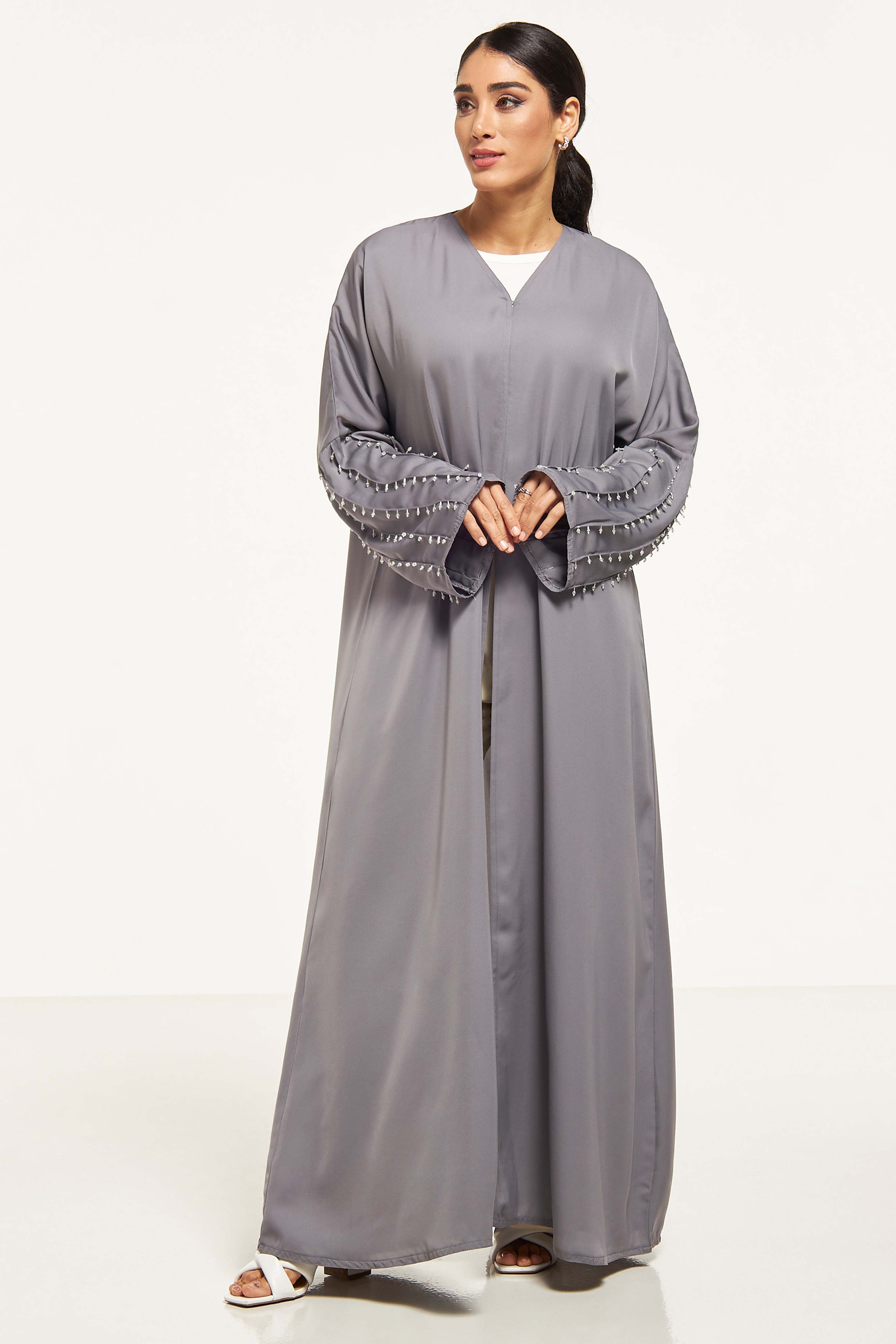 MOiSTREET Embellished Abaya with Sheila and Pleat Detail