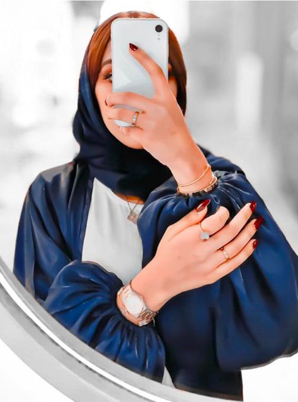 MOiSTREET Blue Shimmer Abaya with Bubble Sleeves- 3 Piece Set