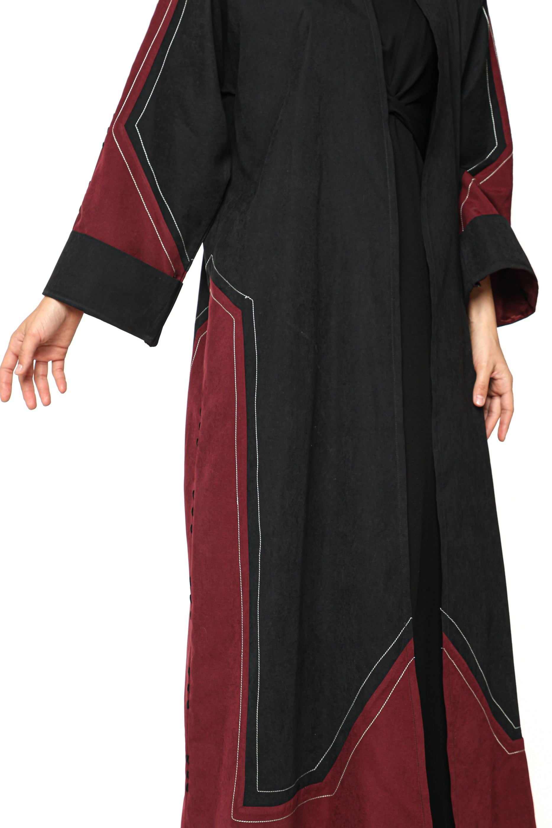 MOiSTREET Black and Maroon Shamua Abaya with Thread Work