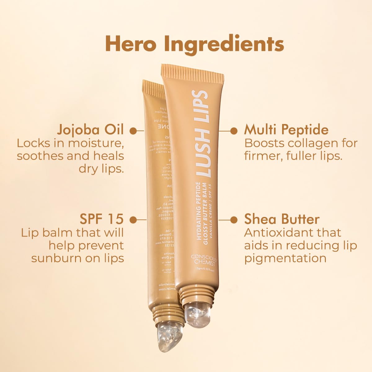 Conscious Chemist Peptide Lip Balm - Lush Lips with SPF15 | 15g | Vanilla Creme