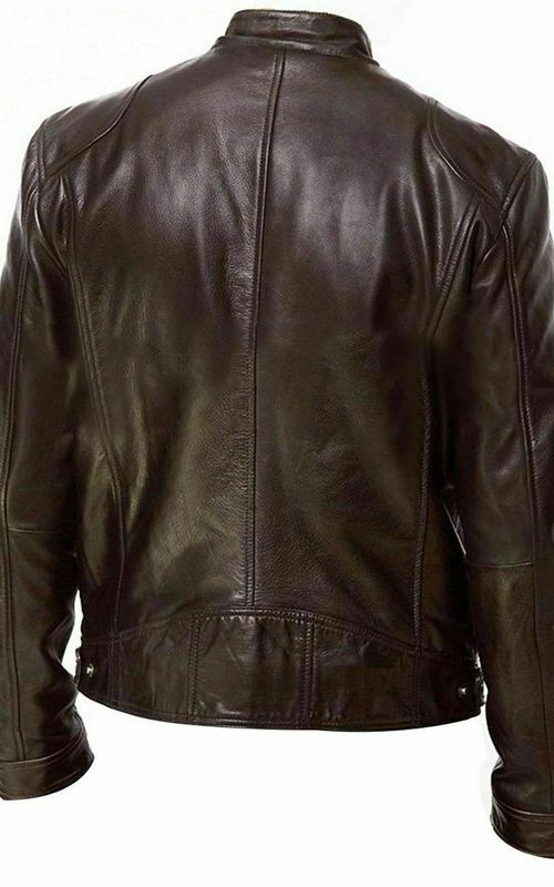 Men Winter Leather Jacket Long Sleeve Zipper Slim Biker Coat Stand Collar Casual Outerwear