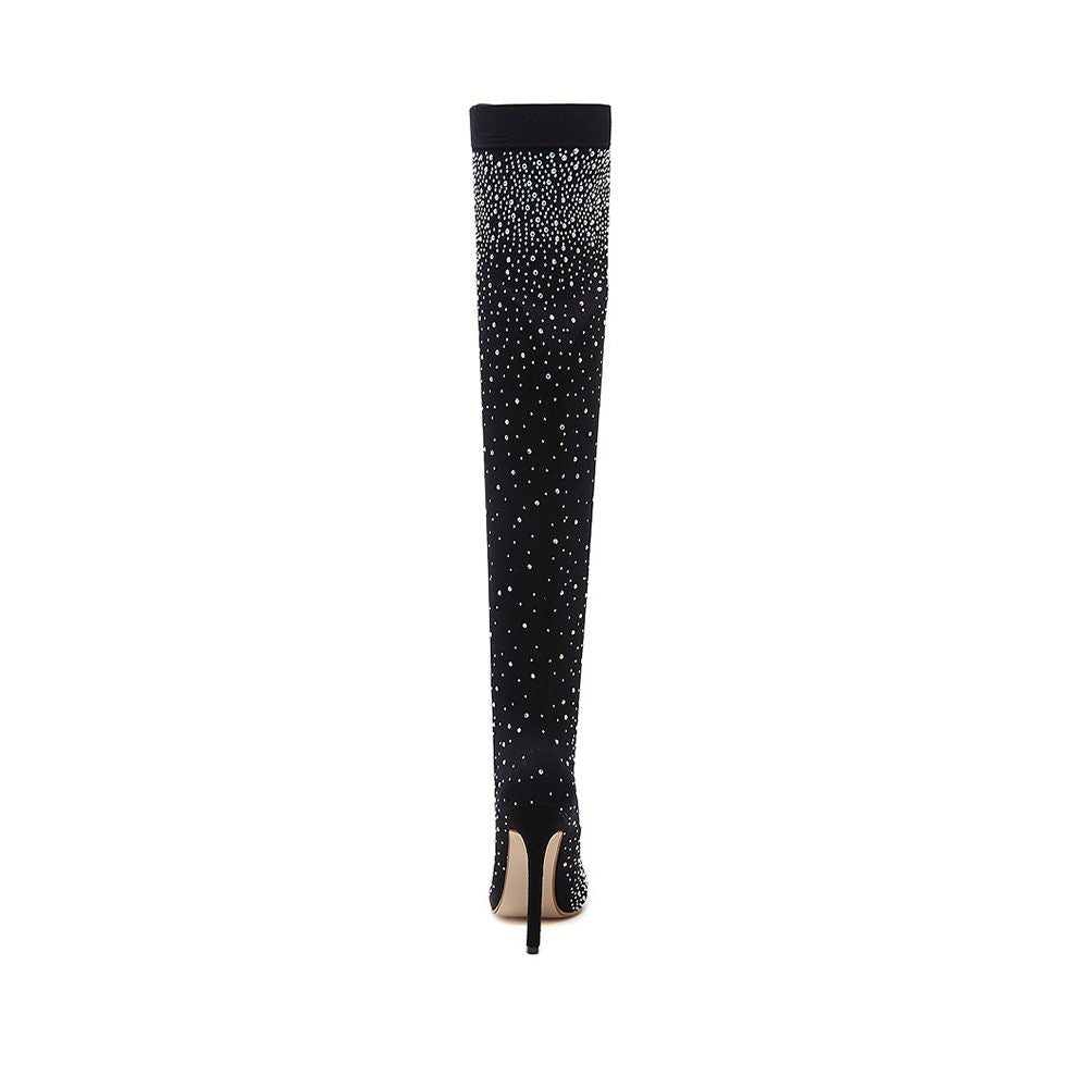 Crystal Fabric Over-the-Knee Pointed Toe 11cm Heel Boots for Women