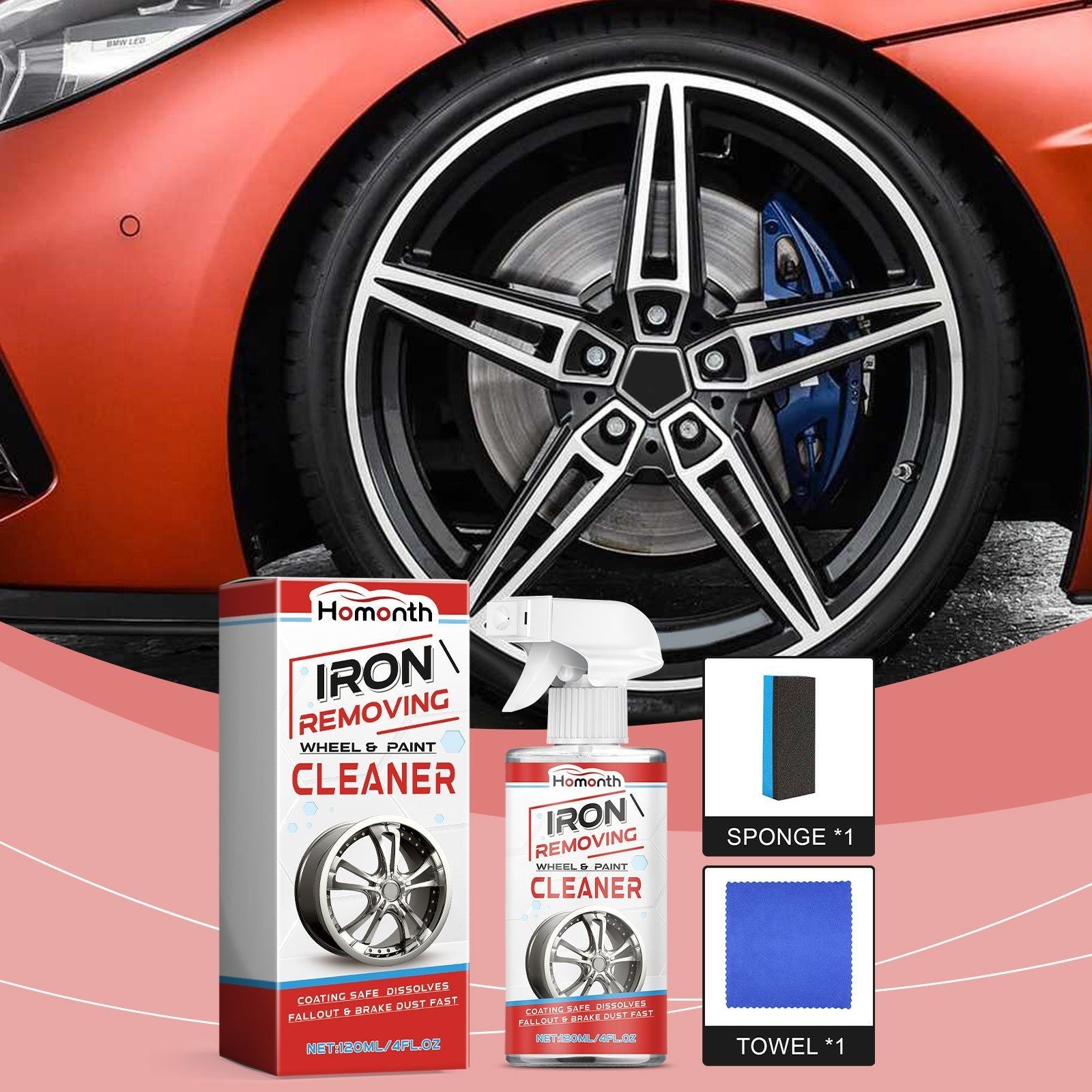 Car Wheel Rust Removal Cleaner, Tire Rim Cleaning Decontamination Oil, Easy & Safe Automotive Wheel Care ,120ml+ sponge *1+ towel *1