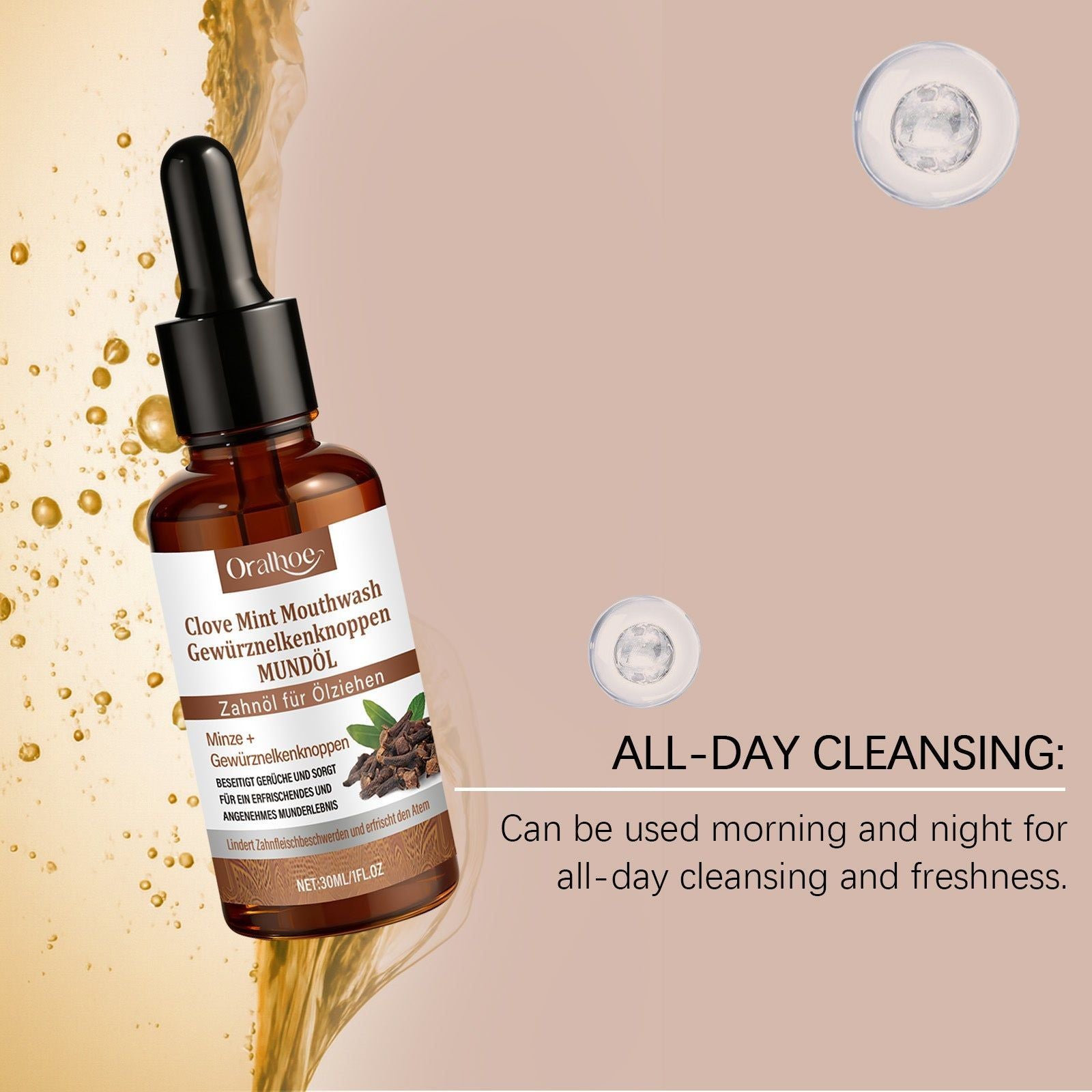 Clove Mint Mouthwash, Fresh Breath, Gum Care, Herbal, Long-Lasting Freshness ,30ml
