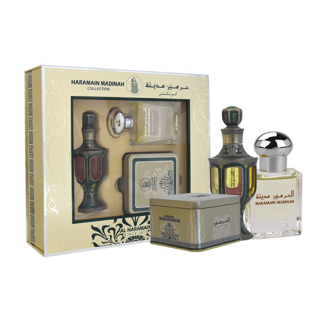مجموعة هدايا "الحرمين" من المدينة المنورة، عطر ماء 100 مل + زيت عطري 30 مل + بخور 40 غرام، مجموعة عطور فاخرة