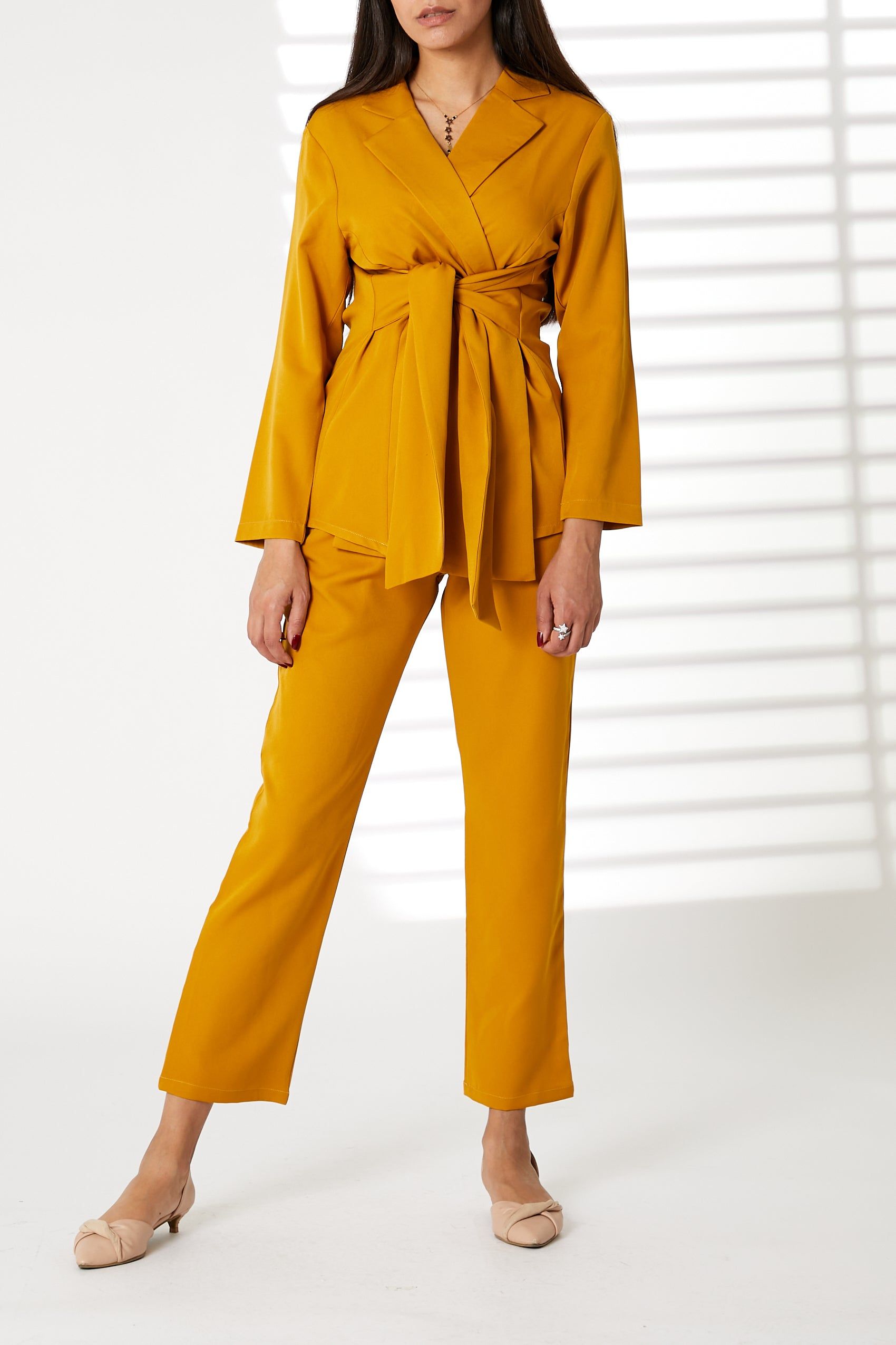 MOiSTREET Yellow Barbie Crepe Fabric Blazer and Pants Set