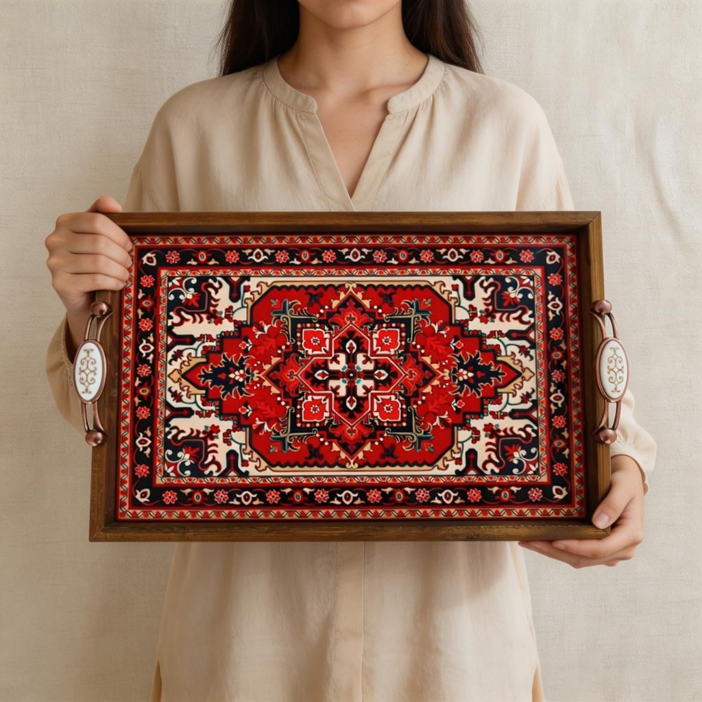 Persian Rug Style Wooden Serving Tray with Handles – Oriental Moroccan Pattern Coffee Table Decor, Boho Tea Serving Tray