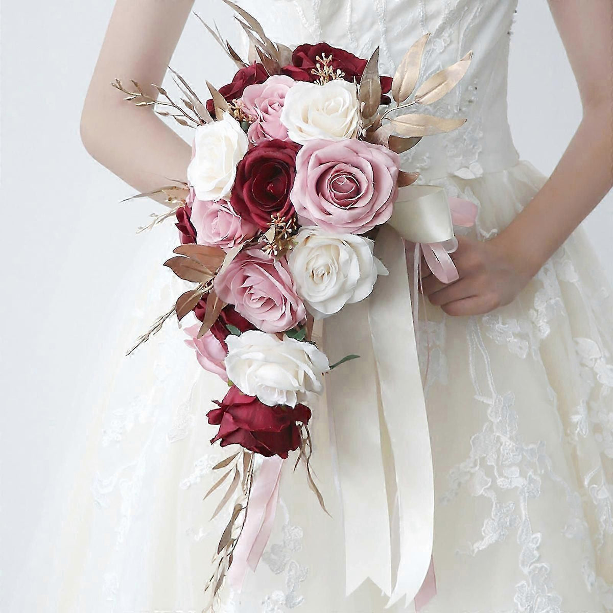 European Bridal Bouquet With Artificial Silk Flowers and Ribbon