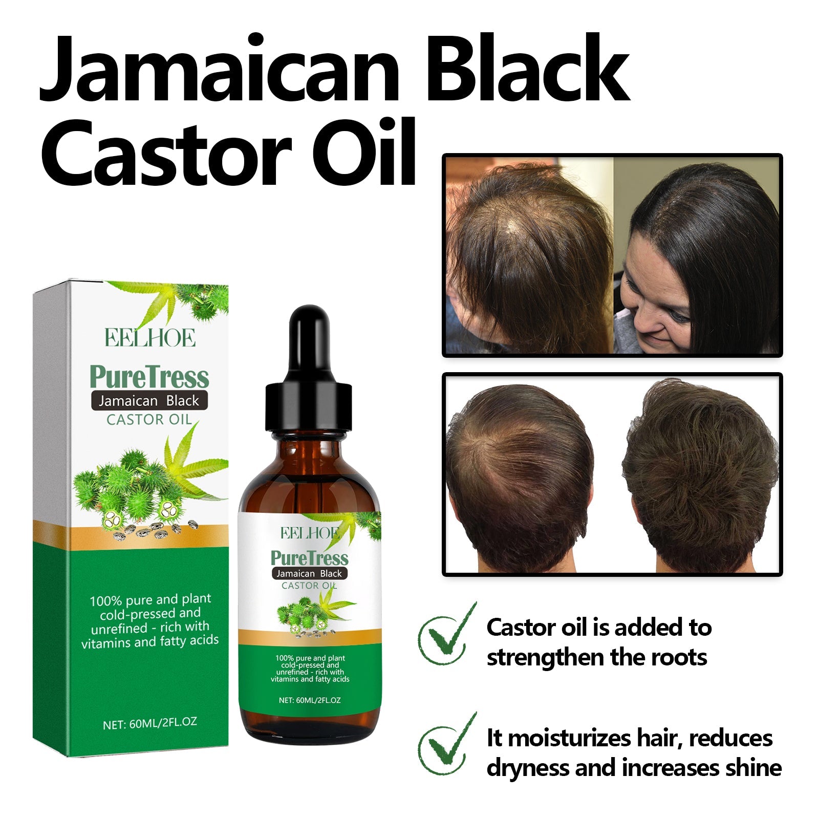 Castor Oil for Hair, Smooth and Moisturizing, Nourishes Scalp, Reduces Frizz ,60ml