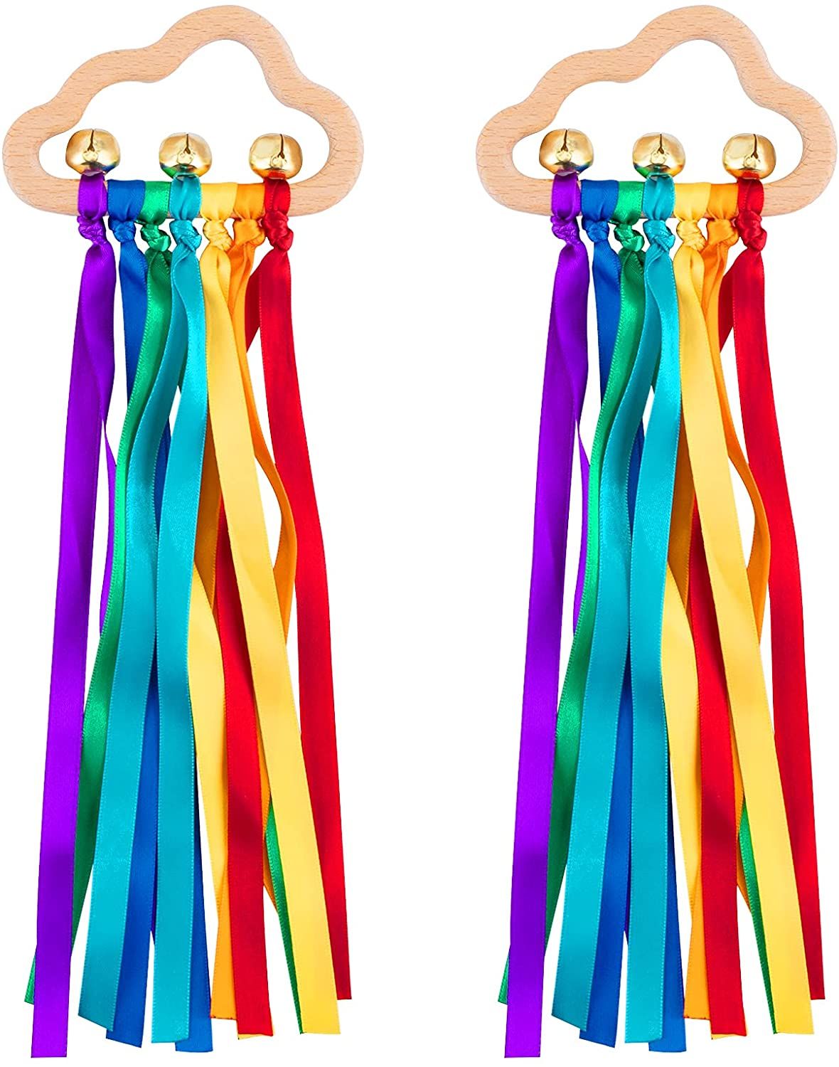 2pcs Rainbow Ribbon Rattle Ring Toys Molar Wooden Circle Baby Teether Sensory Toy Gifts
