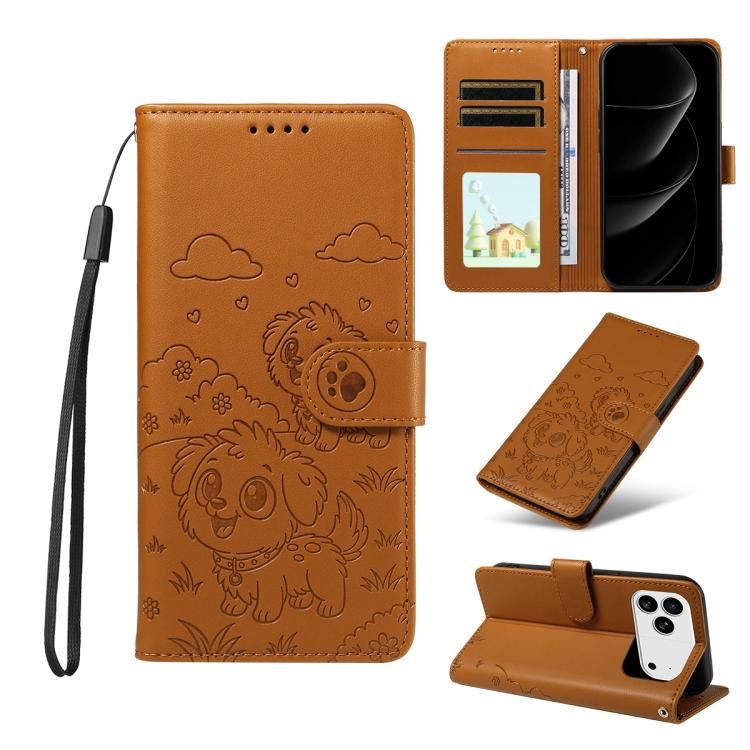 For iPhone 18 Pro Max / iPhone 17 Pro Max Embossed Heart Dog RFID Blocking Wallet Leather Phone Case