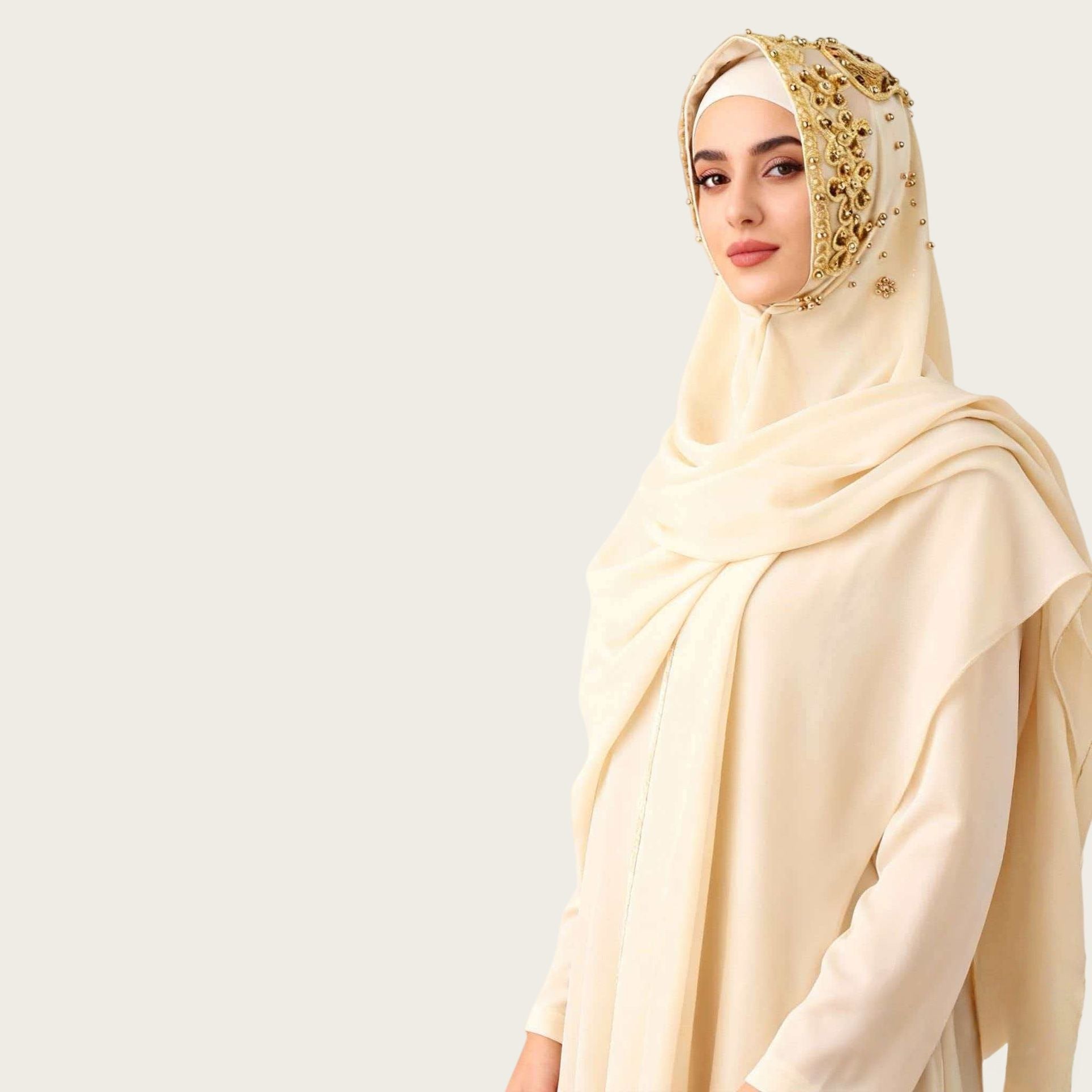 Beige Chiffon Hijab Scarf with Gold Bead Pearl Trim